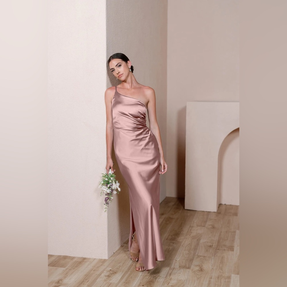 NWT Revelry Jade Satin One Shoulder Dress in Rose Quartz Regular Length